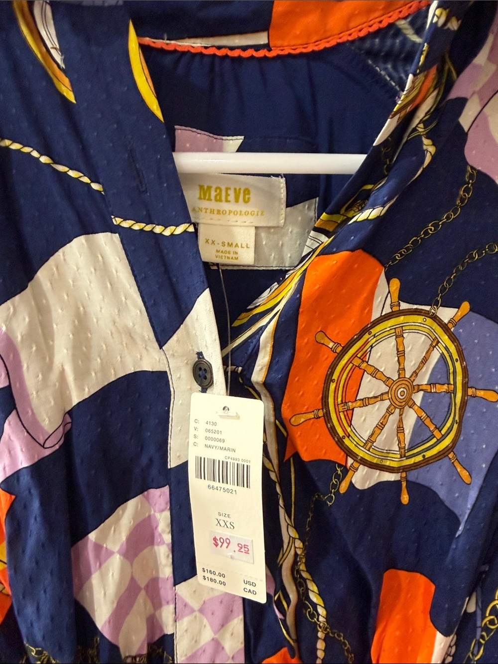 NWT XXS Maeve Navy Multi-Color Printed Long Sleeve Tie-Waist Dress - Picture 2 of 4